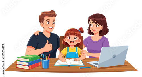 Family, parents, and child learning together, online education, homework, vector illustration