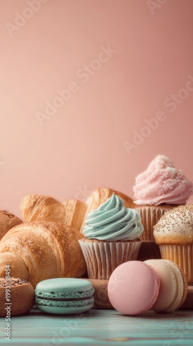 Bakery product showcase featuring assorted pastries, cupcakes, and macarons arranged on a wooden surface against a soft pink background