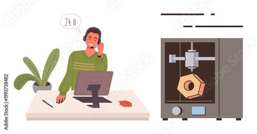 3D printing, customer service, remote assistance, manufacturing, prototyping, modern workspace. Person with headset at desk near a 3D printer. 3D printing and customer service concepts