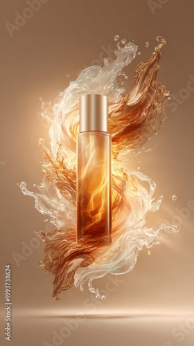 Modern skincare product mock up in a glass bottle surrounded by swirling liquid elements on a soft gradient background, emphasizing beauty and elegance