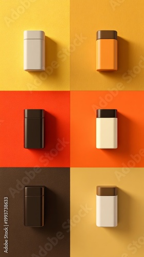 Modern skincare product mockup displayed in a grid layout with vibrant orange, yellow, and brown backgrounds showcasing various container designs and colors