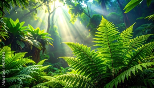Lush Green Forest Canopy with Sunbeams Streaming Through.
