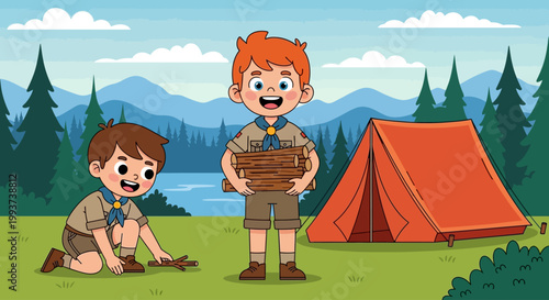 Camping, scout, cartoon boys, outdoor adventure, illustration set