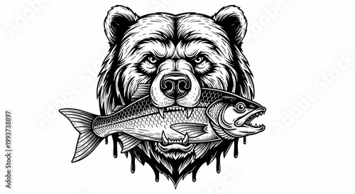 Grizzly bear, fish, wildlife illustration, black and white vector, animal graphics, outdoor icons