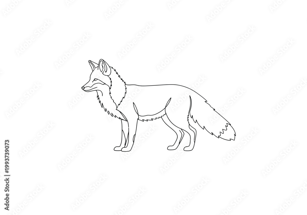 Obraz premium Minimalist line art drawing of a standing fox with a bushy tail with hand drawn