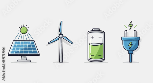 Eco friendly renewable energy icons set with solar panel wind turbine battery and plug sustainable power symbols for environmentally conscious design