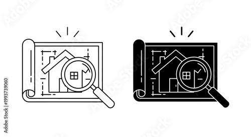 Real Estate Icons, House Plan Symbols, Blueprint Magnifying Glass, Black and White Vector Graphics