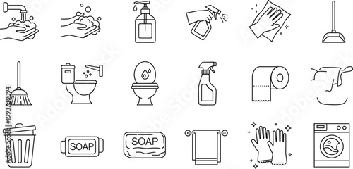 Cleaning and hygiene icons set with bathroom tools soap sanitizer and household equipment line vector illustration