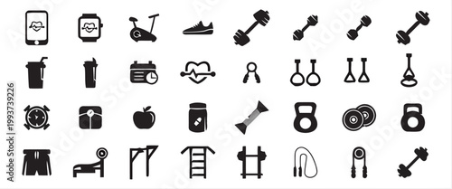 Fitness icons, gym symbols, workout signs, exercise graphics, 25 black vector icons