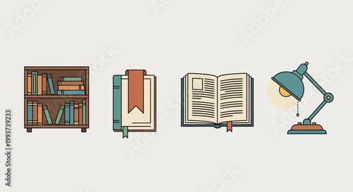 Flat lay illustration of bookshelf with books, bookmark, open book, and desk lamp on gray background, symbolizing reading, learning, and education