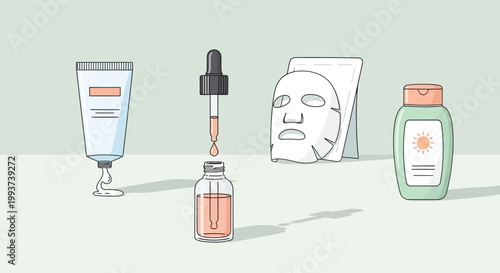 Skincare products line up with cream tube, serum bottle, face mask and moisturizer on green background, illustrating beauty and wellness routine with various cosmetic items