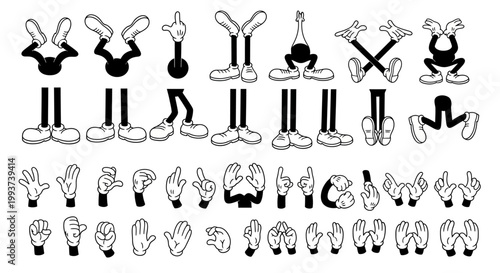 Cartoon hands and feet, gesture icons, black outlines on white background, 40 illustration set