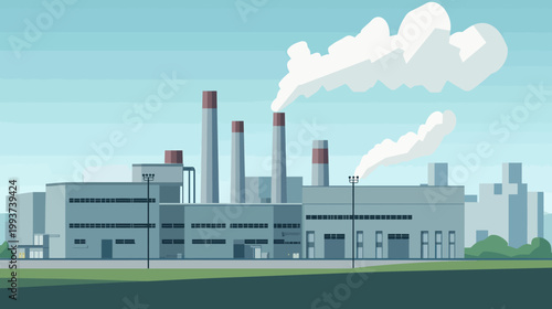 A stylized industrial plant with smoke billowing from smokestacks against a bright blue sky
