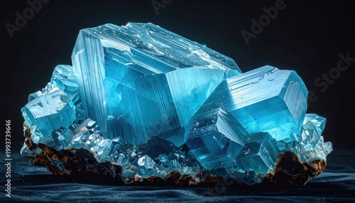 Stunning Cluster of Luminous Blue Aquamarine Crystals on Dark Background.