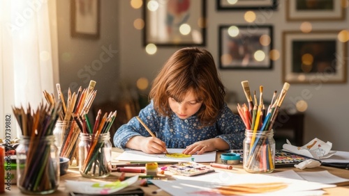 Young girl engaged in creative art project on desk