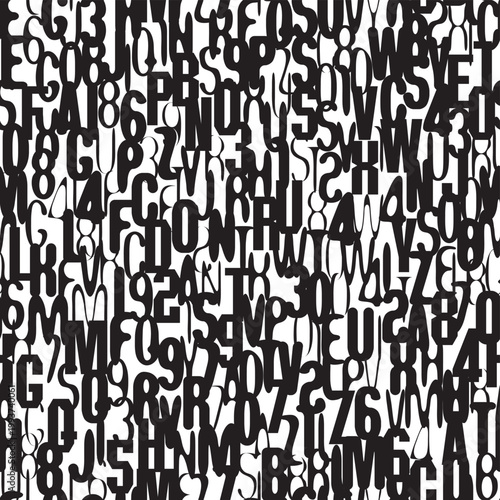 Abstract seamless pattern consisting of font with grunge style. Vector background with capital English Latin letters and handwritten text. Wallpaper, wrapping paper, t-shirt design, fabric, textile.