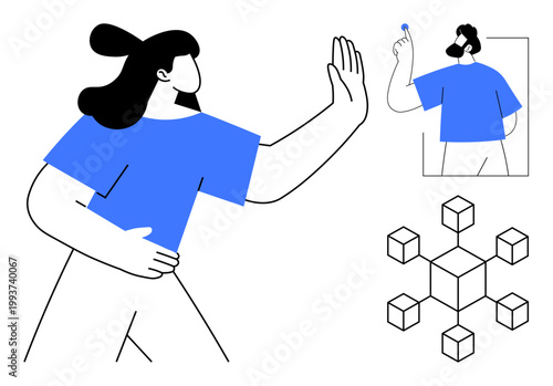 Blockchain technology, decentralization, digital interaction, teamwork, remote collaboration, virtual networking. A person gesturing stop, another engaging, and a cube network illustration