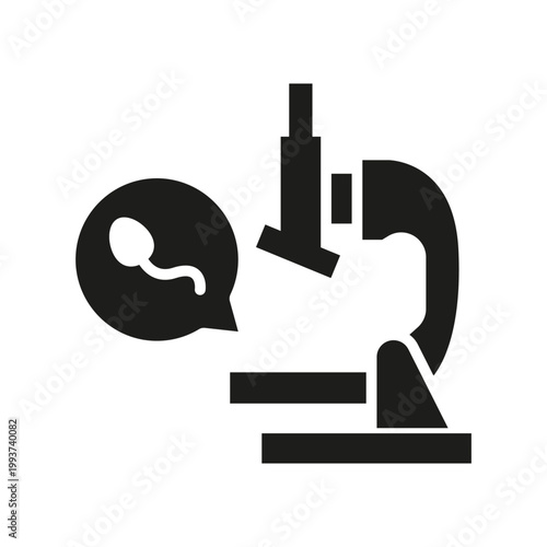 Sperm research laboratory icon. Simple black fertility testing icon with microscope and sperm symbol for medical science and healthcare design. Vector illustration.
