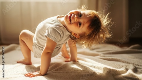 Toddler plays energetically in warm sunlit room indoors