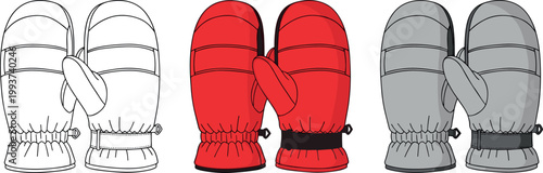 Winter Mittens Vector Set in White, Red, and Gray for Cold Weather Clothing and Accessories Use