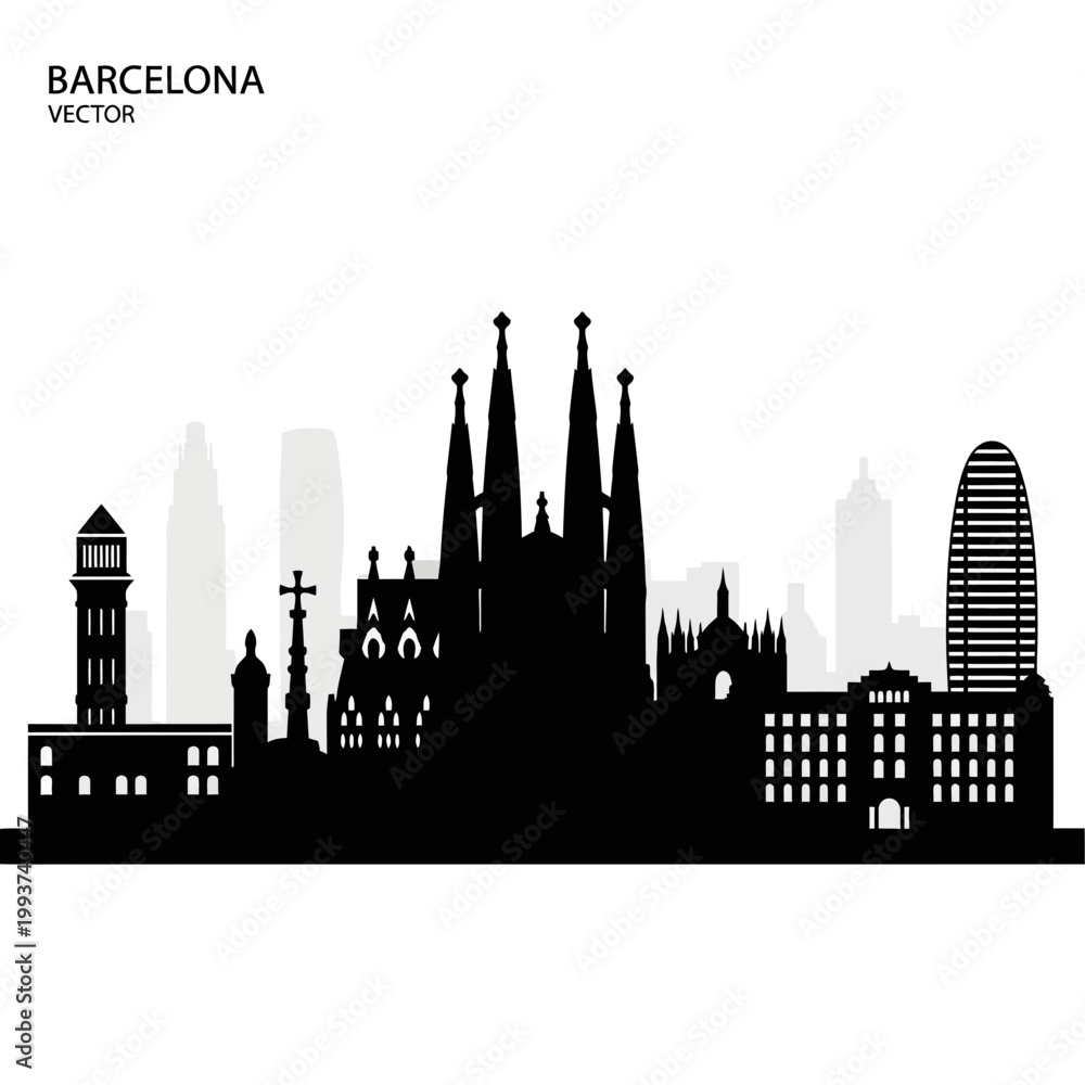 Fototapeta premium Barcelona Cityscape Silhouette Vector - Famous Landmarks Skyline