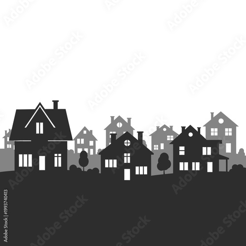 Suburban neighborhood silhouette, residential houses, trees, and streetlights, vector graphic