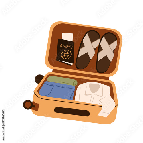 Open suitcase packed for travel with men's clothing, sandals, and passport. Isolated on white background, illustrution for vacation, tourism, or business trip concepts.