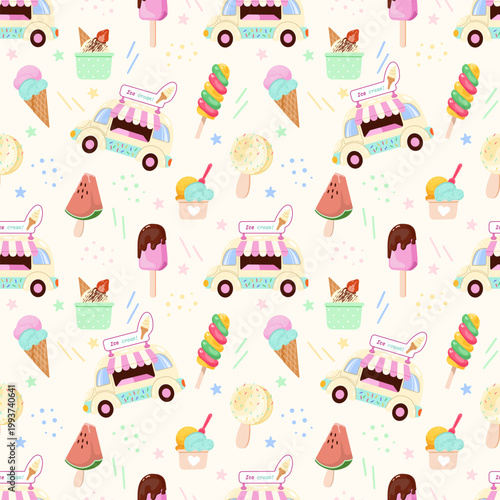 Seamless pattern featuring ice cream trucks and assorted sweet frozen treats on a light background. For summer packaging, wrapping paper, textiles, and seasonal design projects.