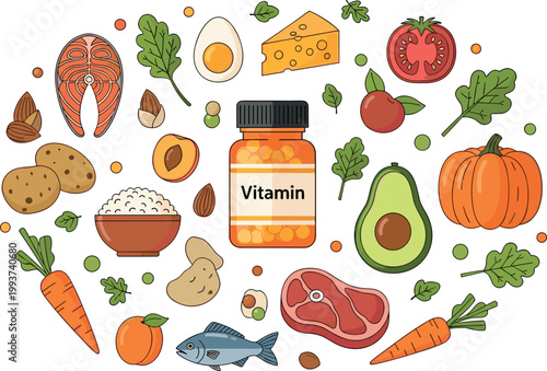 Healthy nutrition food circle with vitamins bottle vegetables fruits fish meat and grains balanced diet illustration