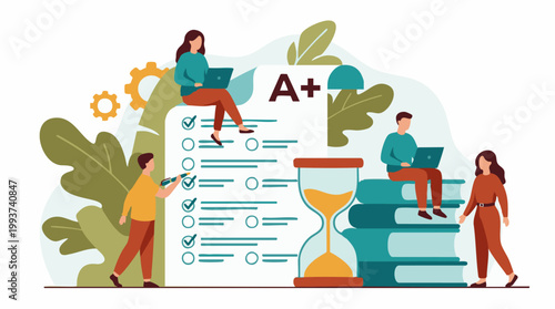 Students achieving academic success with checklist, A+ grade, and time management