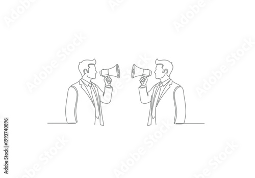Two businessmen arguing with megaphones continuous one line art concept drawing