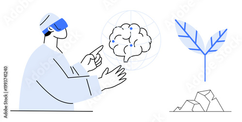 Artificial intelligence, brain research, virtual reality, sustainability, environmental consciousness, innovation. Person using VR headset interacting with a digital brain and nature symbols