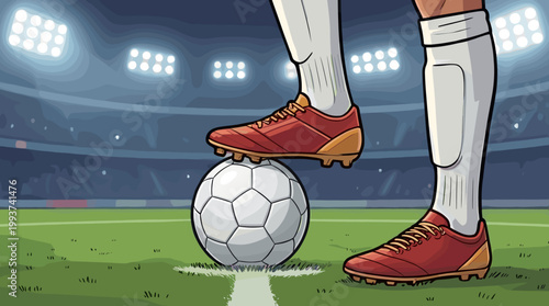 Close-up of soccer player foot resting on a ball at illuminated stadium