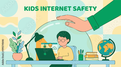 Kids Internet Safety: Child using laptop protected by a big hand