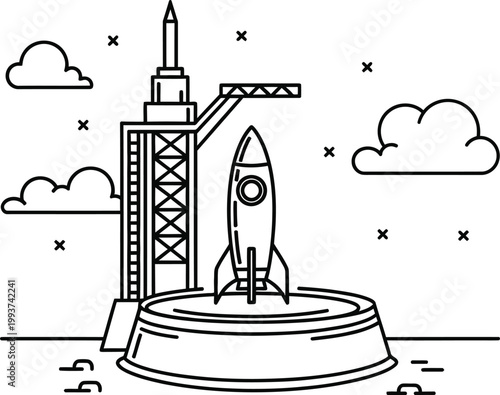 Rocket launch pad illustration a space exploration scene in line art