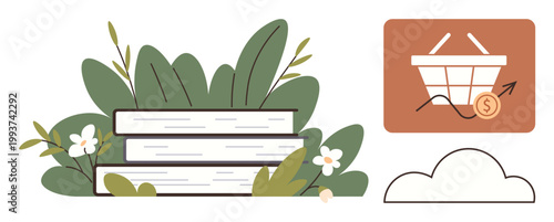 E-commerce, education, sustainability, nature , financial growth, online business. Stack of books surrounded by plants, shopping basket with financial growth icon. E-commerce and sustainability