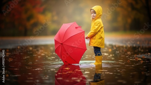 Child in yellow raincoat with red umbrella puddles reflection