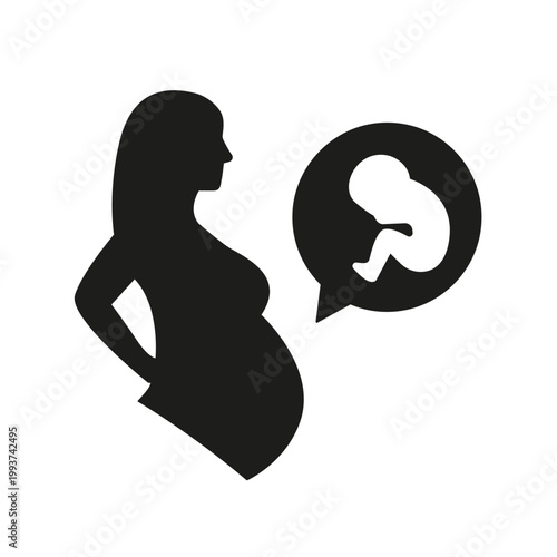 Pregnant woman with fetus icon. Simple black maternity silhouette icon with unborn baby symbol for pregnancy and prenatal healthcare design. Vector illustration.
