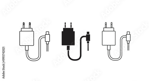 Set of three wall charger adapter icons in outline and solid.