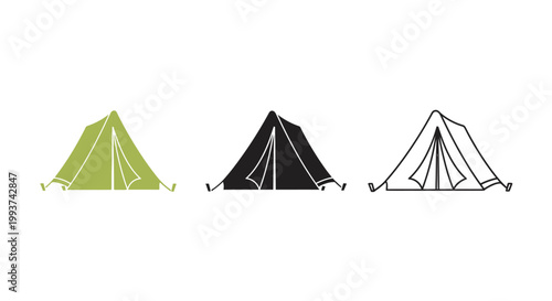 Three stylized tent icons in green black outline.