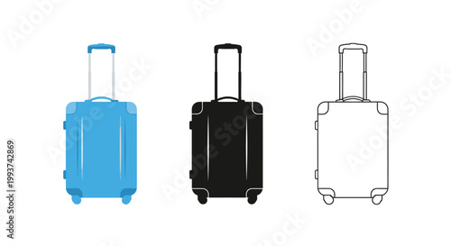 Set of three rolling suitcase icons in blue black and outline.