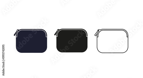 Set of three minimalist zippered pouch icons in different styles.