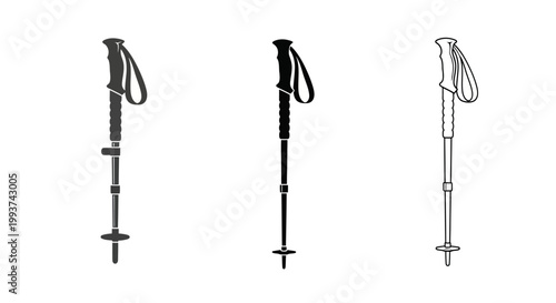 Set of three minimalist trekking pole icons in silhouette and outline.