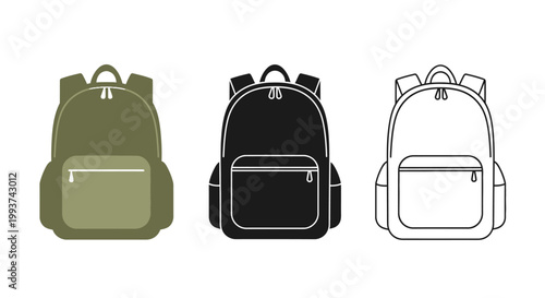 Three backpack icons in filled and outline styles.
