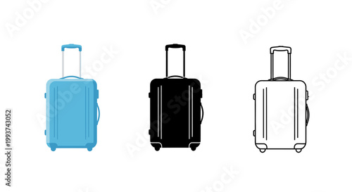 Three minimalist suitcase icons in blue black and outline.