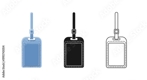 Set of three luggage tag and ID badge icons.