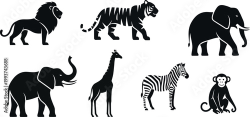 African Safari Animal Silhouettes, Black Wildlife Vector Icons, Set of 7 Zoo Animal Graphics
