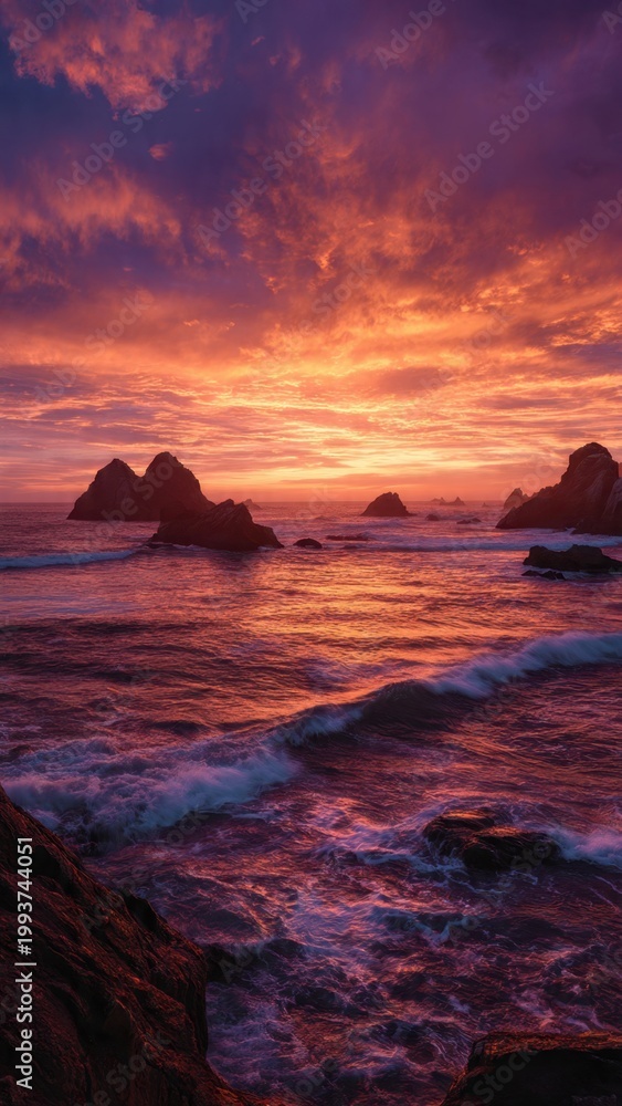 Fototapeta premium Dramatic Sunset Over Rocky Coastline