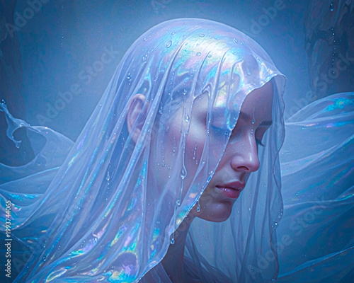A woman figure enveloped in luminous iridescent veil, standing in shallow water with flowers and mist, serene dreamlike atmosphere.