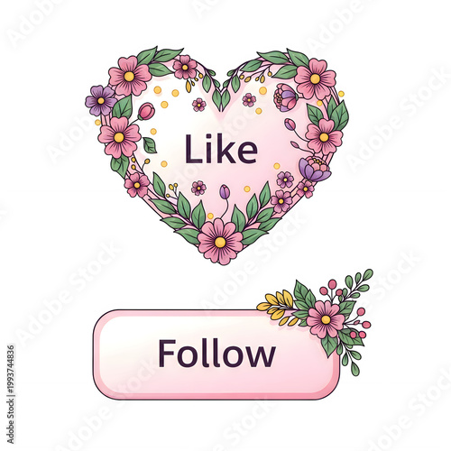 A charming floral heart like button and a matching follow button with pink flowers and leaves.